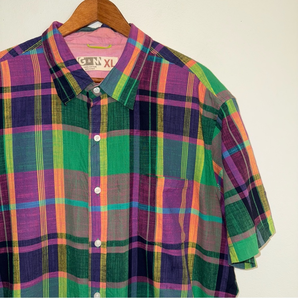 Colorful Plaid Short Sleeves Button Up Multicolor Cotton Lightweight Size XL - Picture 2 of 7